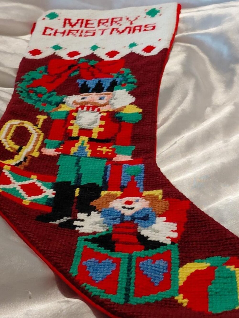 NWOT Needlepoint  Wool Front /Cotton Back  Merry Christmas Stocking